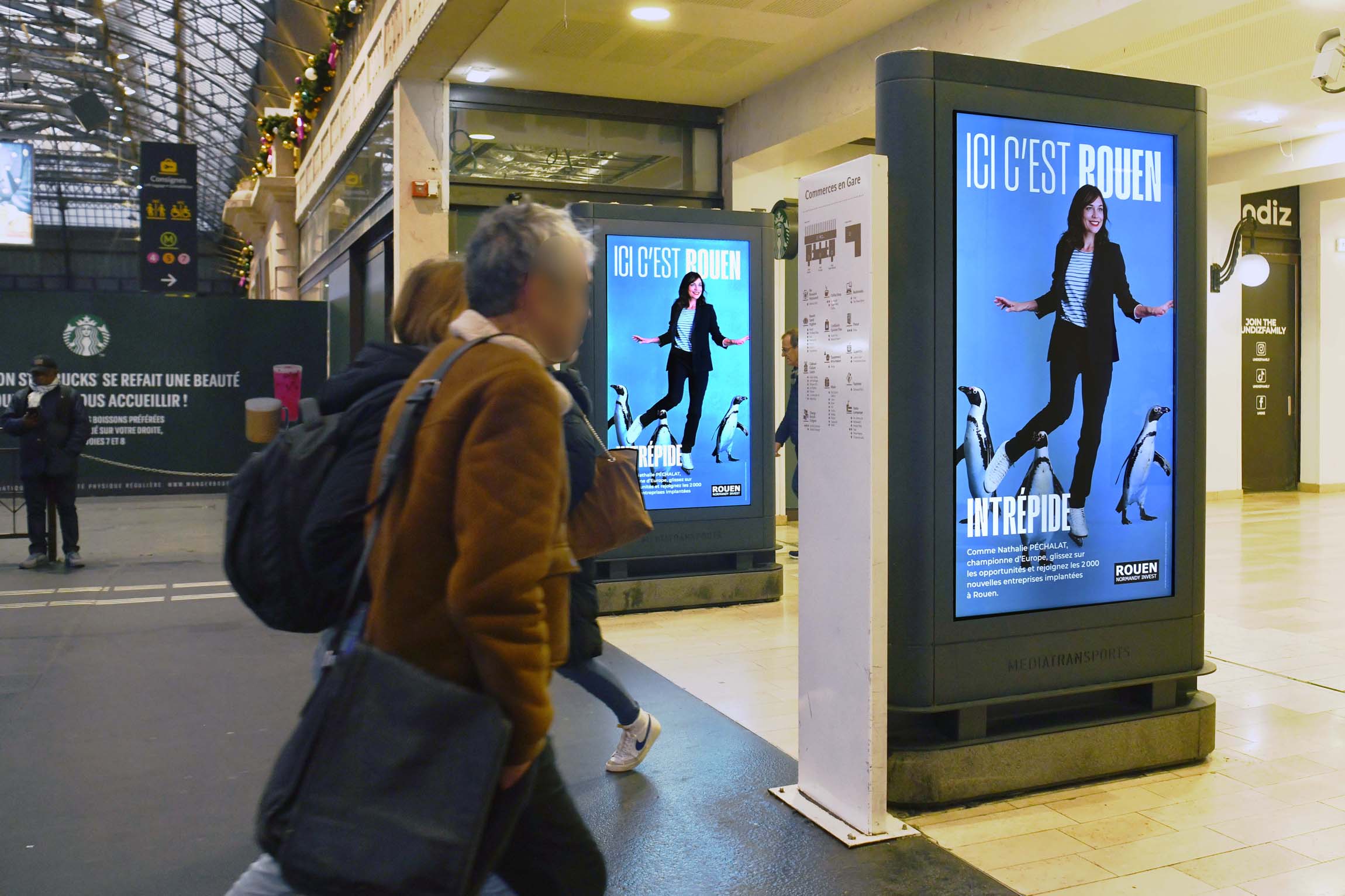 La campagne de communication ICI C'EST ROUEN dans les grandes gares Parisienne en décembre 2025 - Crédit photo : MEDIATRANSPORTS